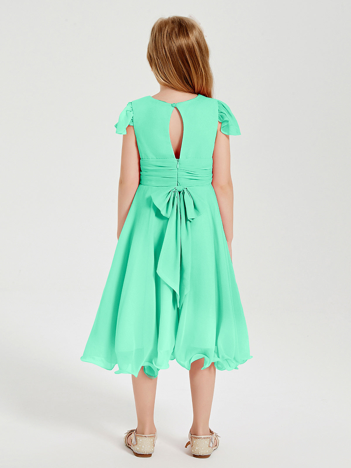 Chiffon Tea Length Junior Bridesmaid Dresses Turquoise